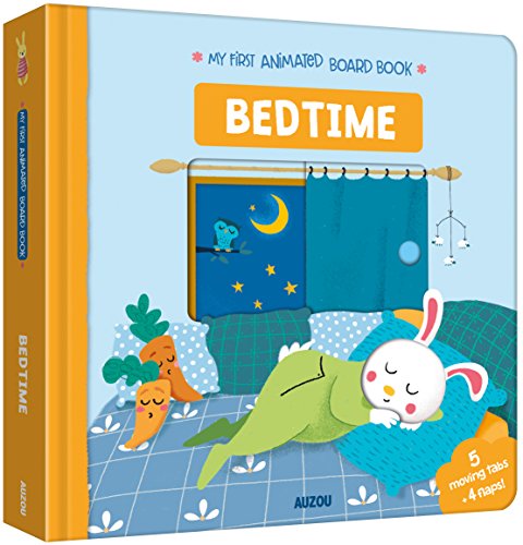 Board book cover with bedtime scene, rabbit, and moving tabs.