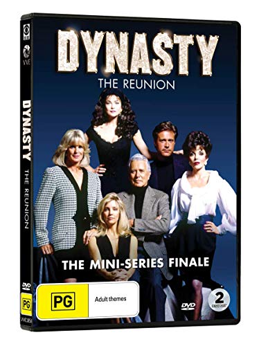 DVD cover for Dynasty: The Reunion featuring six cast members against a blue background.