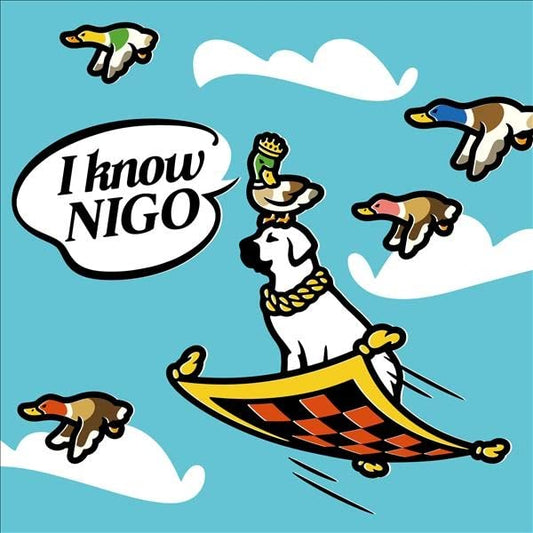 Cartoon of a figure with ducks flying around on a magic carpet.