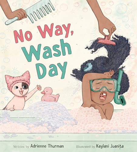 Child in bubbly bath resists hair washing with cat and duck.