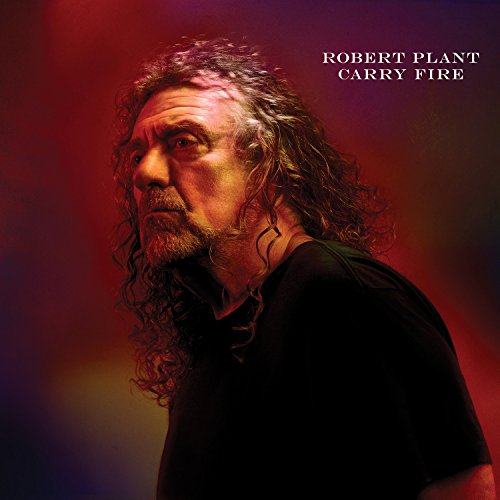 Robert Plant portrait album cover, "Carry Fire", red and black tones.