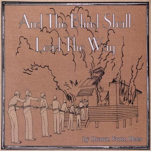 Line-drawing of people led by one figure toward a burning house.