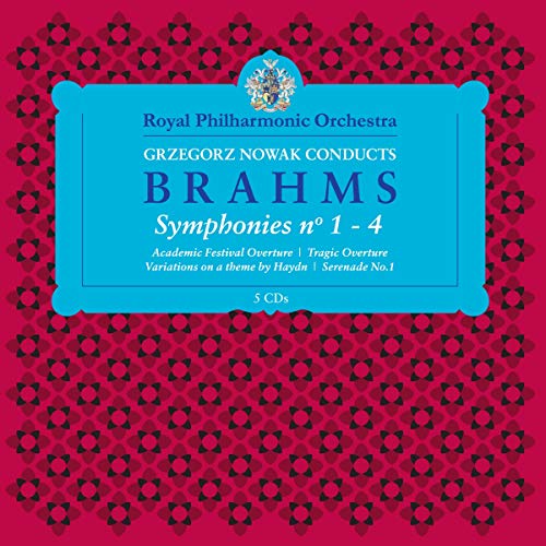 CD cover for Brahms symphonies, featuring a blue frame and red floral pattern.