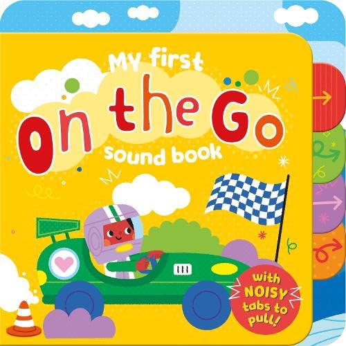 Yellow children's sound book cover featuring a cartoon character driving a green race car.