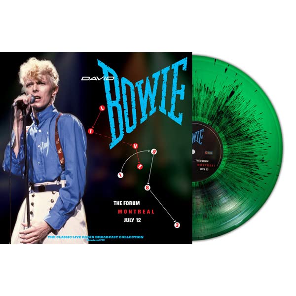 David Bowie album cover with green and black splatter vinyl record.
