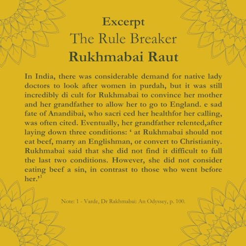 Yellow background with text excerpt about Rukhmabai Raut, India’s first female doctor.