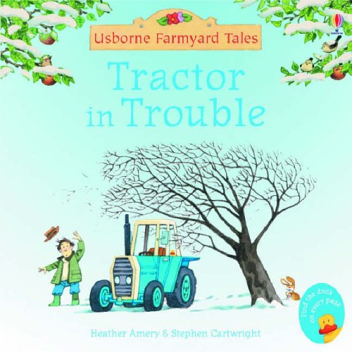 Book cover: blue tractor stuck in a field with a boy and rabbit.