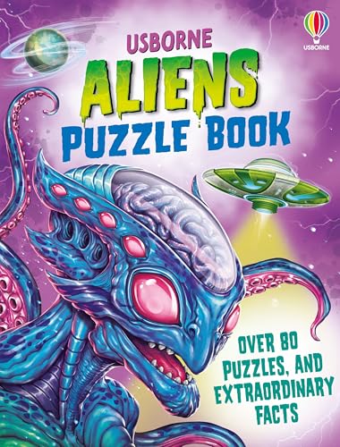 Cover of "Aliens Puzzle Book" featuring a blue alien and UFO.