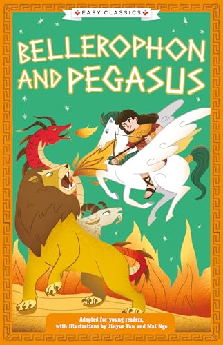 Illustrated book cover with Bellerophon and Pegasus, Greek mythological figures, on a classic background.