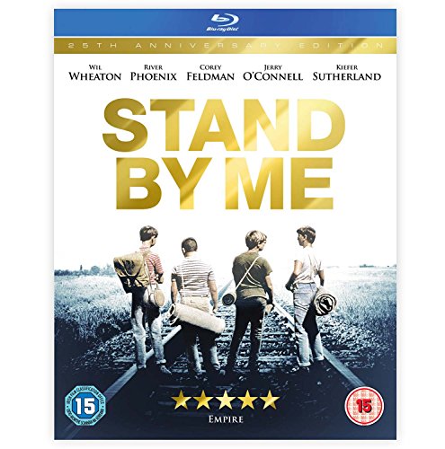Stand By Me" Blu-ray cover featuring four boys walking on railroad tracks.