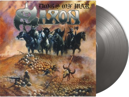 Saxon "Dogs of War" vinyl record with warrior artwork and skulls.