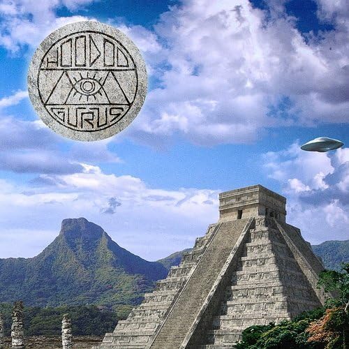 Pyramid, mountains, and a UFO under a cloudy sky with a circular emblem.