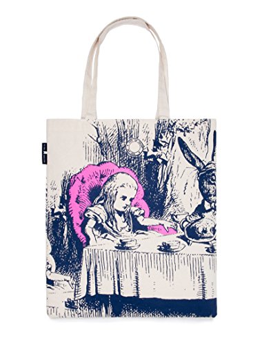 Canvas tote bag with illustration of Alice in Wonderland at tea.