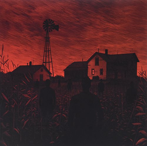 Red-toned illustration of a farm with silhouetted figures in cornfields.