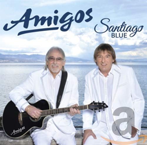 Album cover for "Santiago Blue" featuring two men with a guitar.