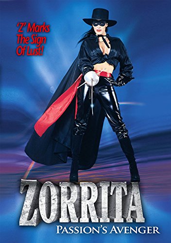 Zorrita, a woman in a black costume and mask, holds a sword.