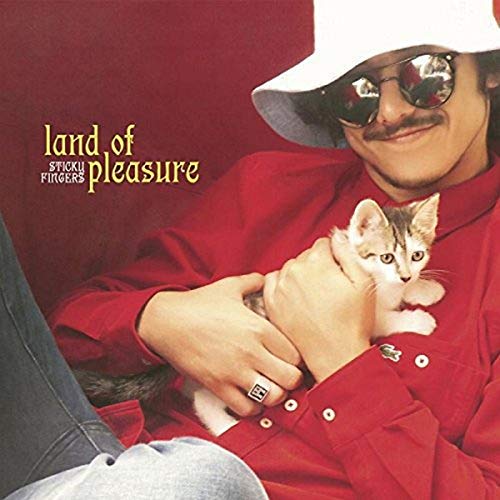 Red album cover featuring a man with a cat and sunglasses.