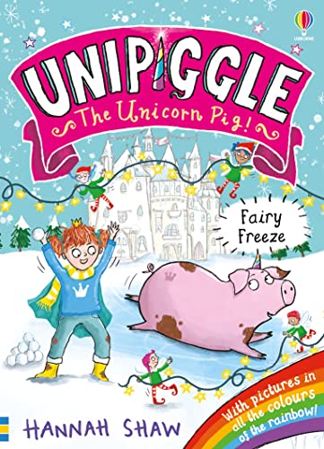 Colorful unicorn pig illustration with sparkles and ice, surrounded by fairy tale elements.