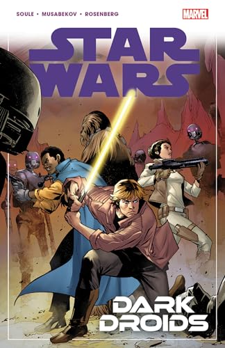 Comic book cover featuring Star Wars characters with droids prominently displayed in dark setting.