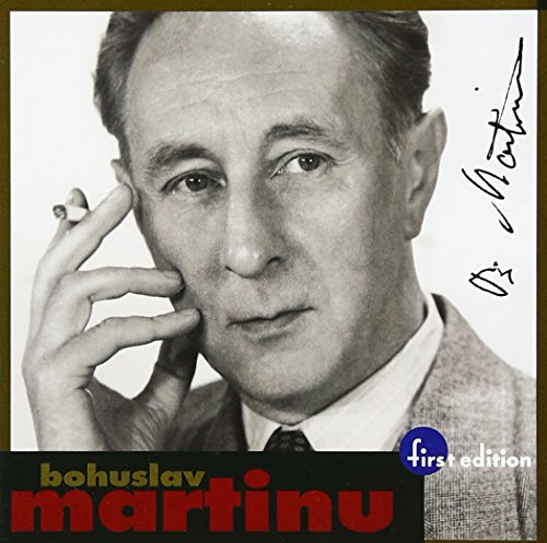 Black and white portrait of composer Bohuslav Martinů with signature and text.