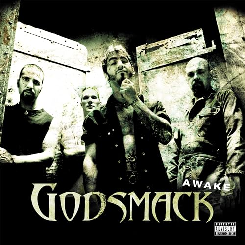 Godsmack band portrait with weathered metal background and album title "Awake".