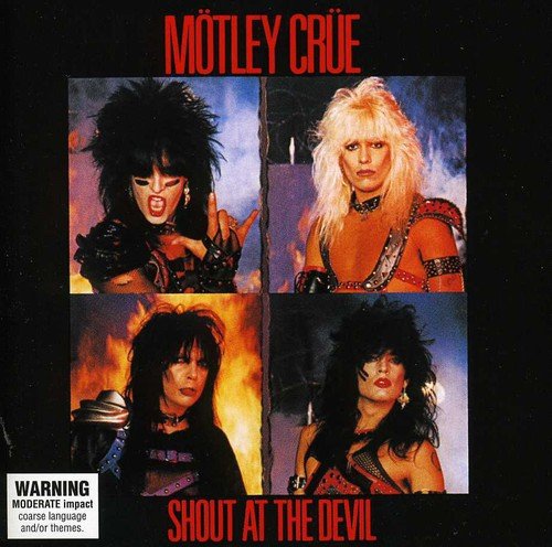 Mötley Crüe album cover, "Shout at the Devil", featuring four band members.