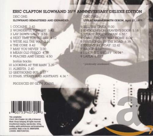 Back cover of Eric Clapton's Slowhand 35th Anniversary CD featuring a tracklist and guitar.