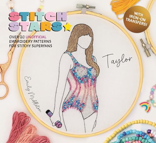 Embroidery pattern book featuring Taylor Swift inspired designs and crafting supplies.