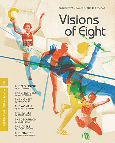 “Visions of Eight” Blu-ray cover featuring stylized Olympic athletes in motion.