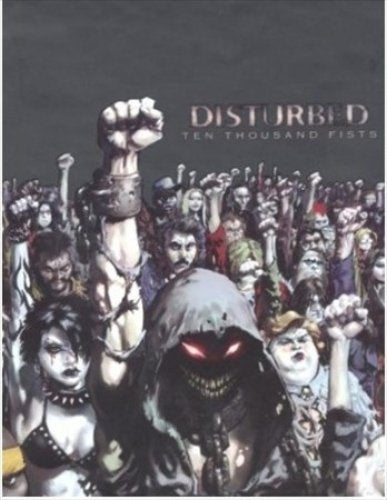 Album cover for Disturbed’s “Ten Thousand Fists” with a crowd and hooded figure.