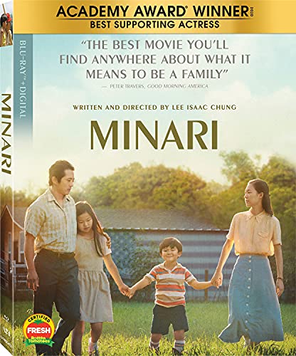 Blu-ray cover for "Minari" featuring a family walking in a field.