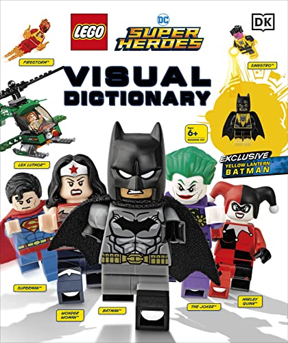 Book with Batman minifigure, colorful DC Comics characters, and LEGO bricks illustrations inside.
