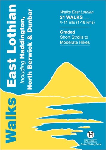 Image of a walking guide cover with a mountain and sea graphic in blue and yellow.