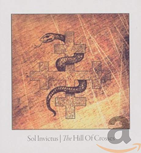 A snake coiled around a cross on a textured, wood-grain background.