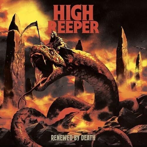 Album cover: Grim Reaper riding a serpent amidst fiery, jagged rocks.