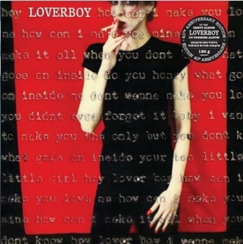 Loverboy album cover: woman in black t-shirt with red text background.