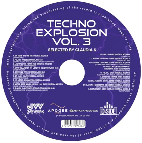 Purple CD with “Techno Explosion Vol.3” text and tracklist details.