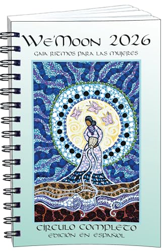 Spiral-bound 2026 We’Moon calendar with colorful artwork of a woman and moon.