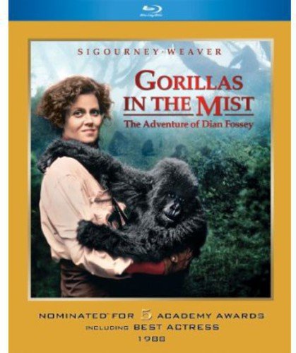 Sigourney Weaver holding a baby gorilla on the "Gorillas In The Mist" Blu-ray cover.
