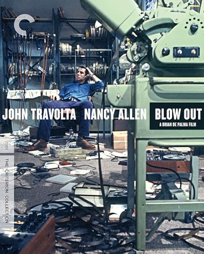 Movie poster for "Blow Out" featuring Travolta in a sound recording booth.