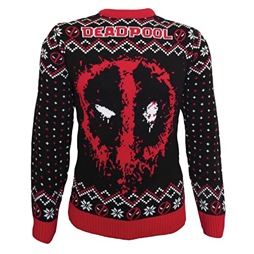 Black knitted jumper with Deadpool’s face and logo in red and white.