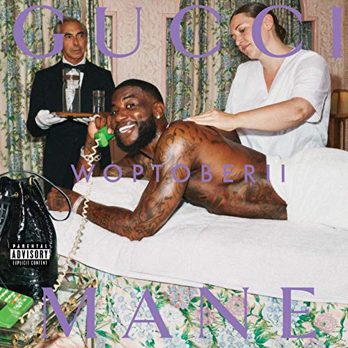 Gucci Mane album cover: reclining man receiving a massage, ornate background.