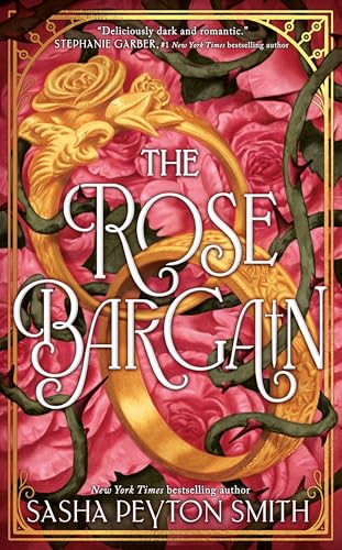 Book cover featuring two gold rings entwined with thorny vines against pink rose petals.