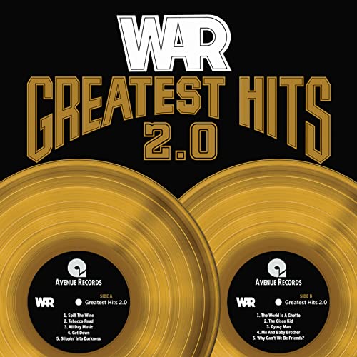CD cover for WAR’s “Greatest Hits 2.0” featuring gold-colored vinyl records.