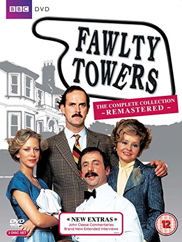 Fawlty Towers" DVD cover featuring the four main cast members and hotel illustration.