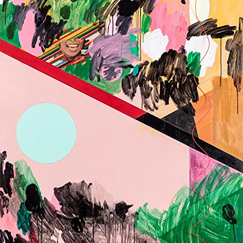 Abstract painting with a smiling face and colorful brushstrokes.