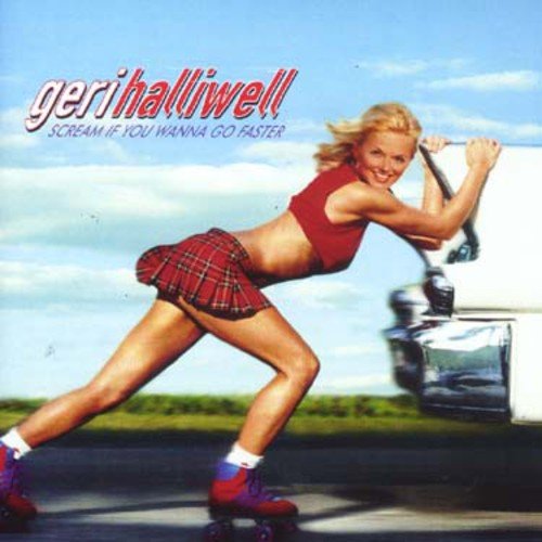 Geri Halliwell on roller skates, leaning forward near a car.