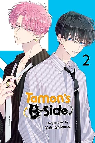 Two men in business casual clothing on a blue and white background, manga cover.