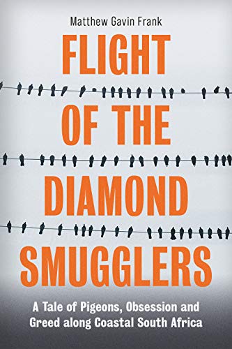 Book cover: "Flight of the Diamond Smugglers" with a line of pigeons.