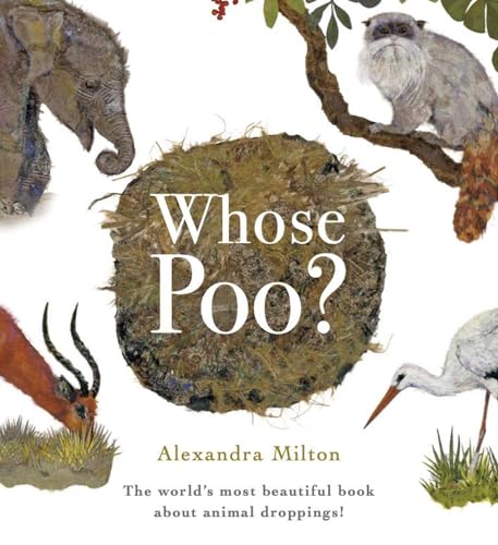 Book cover, “Whose Poo?” featuring animals and textured brown background.
